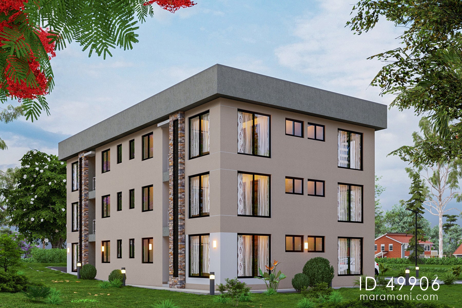 12-Bedrooms, 4-Story Apartment Block Plan  - ID 49906